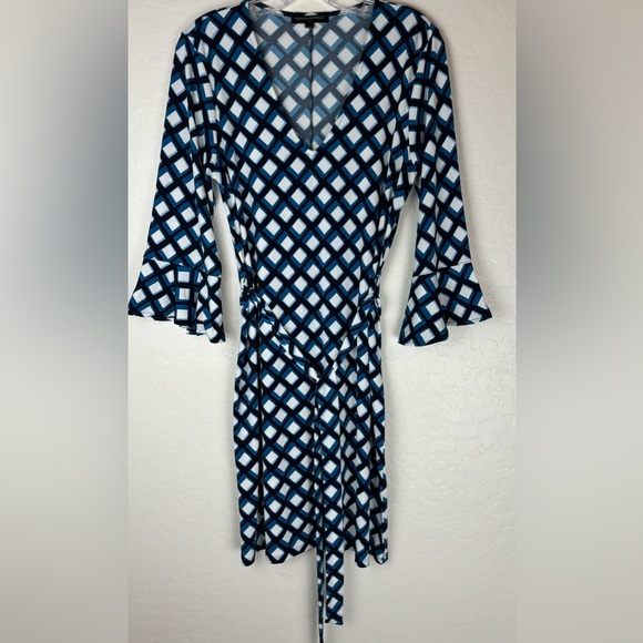 BANANA REPUBLIC Blue Plaid Sheath Belted Career Dress Ruffled Sleeves M 0727 - Picture 2 of 8